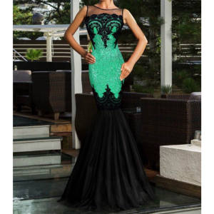 Sequins Appliqués Evening Dress with Mermaid Tail (Mint Green)