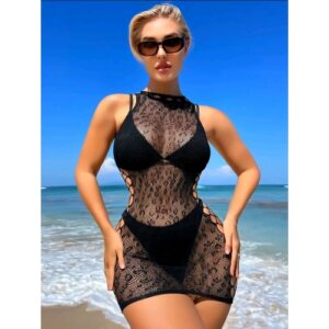 Animal Print Inspired Mesh Round Neckline with Cut Out Sides Body Stocking Dress (Black)