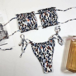 Bandeau Pleated Strapless Brazilian Leopard Print Bikini