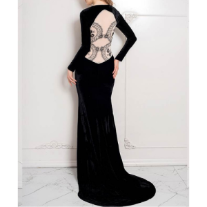 Black Long Sleeve Back Pattern Sheer Prom Dress