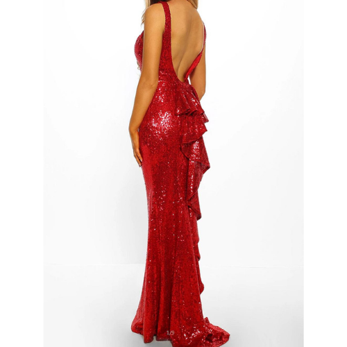 Born A Star Sequin Frill Back Fishtail Dress (Red)