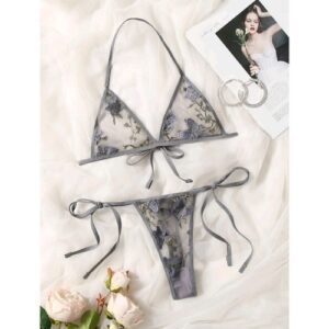 Butterfly Embroidered Mesh Sexy Set (Grey)