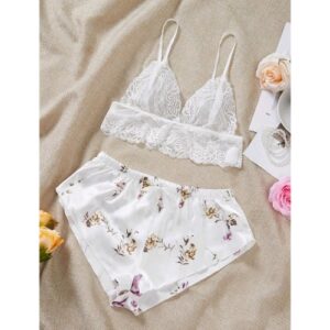 Classic Lace Bralette with Printed Satin Shorts Sleepwear Set (White)