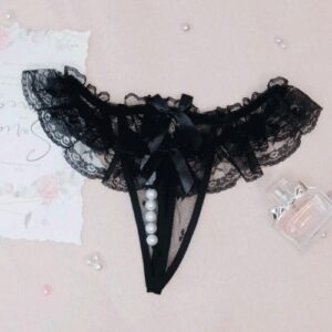 Crotch Less Lace Thong with Pearls (Black)