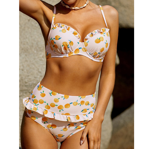 Cute Multi Colour Fruit Print Ruffle High Waist Bikini