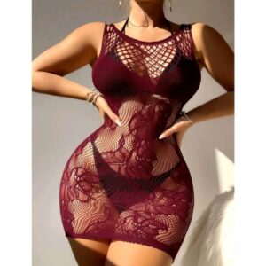 Floral Fishnet Hollow Out Body Stocking Dress (Burgundy)