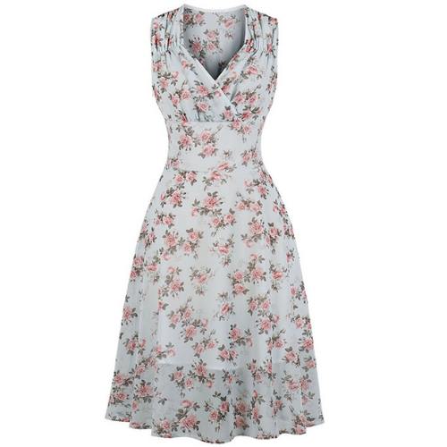 Fresh Chiffon Floral Print Pleated V-Neck Sleeveless Dress