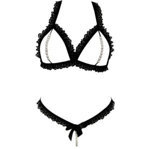 Frill Detailed Cup Less Sexy Set with Pearl Accents (Black)