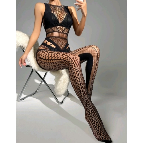 Hollow Out Detailed Fishnet and Mesh Crotch Less Body Stocking (Black) - Front Sitting