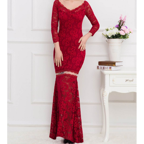 Lace Long Maxi Dress (Red)