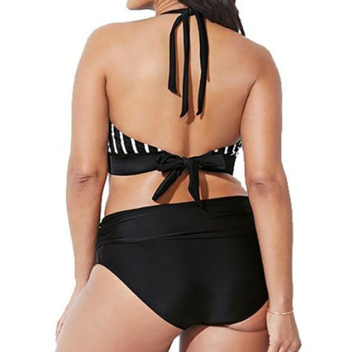 Plus Size Striped Sexy Black High Waist Bikini