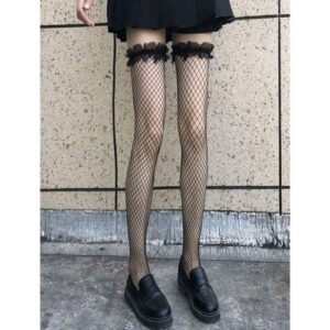 Ruffle Thigh Trim Fishnet Stockings (Black)