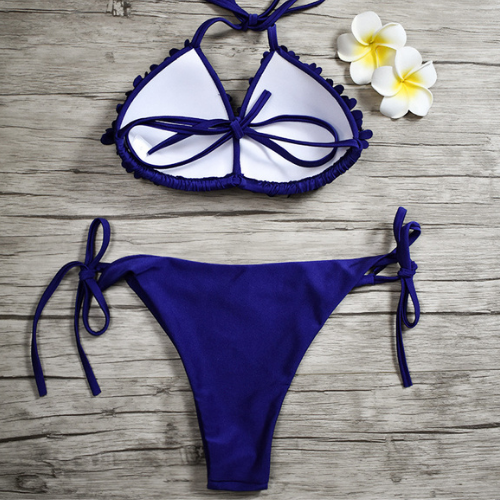 Stunning Royal Blue Bikini With Frills Top And Sexy Tie Up Bottom