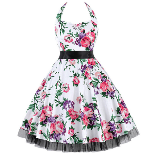 Sweetheart Neckline Halter Backless Flower Print Dress