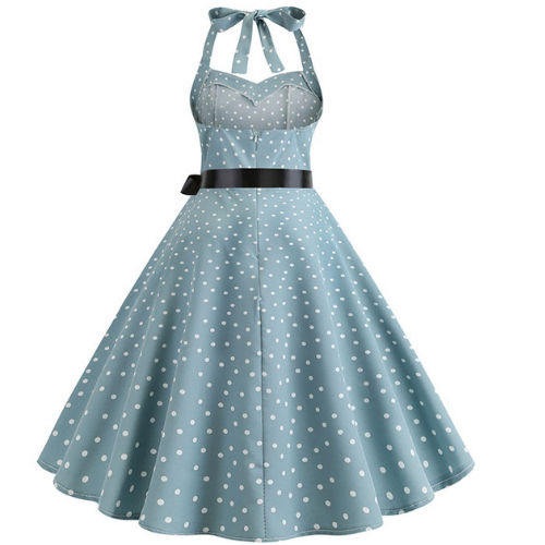 Vintage Halter Neck Sweetheart Polka Dot Print Backless Dress