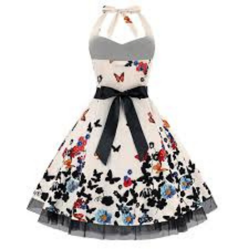 Vintage Sweetheart Neckline Halter Backless Butterfly Print Dress