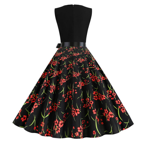 Vintage V-Neck Floral Print Sleeveless High Waist Belted Dress