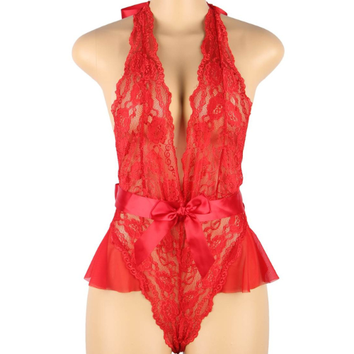 Absolutely Stunning Deep V Backless Exquisite Lace Teddy (Red)