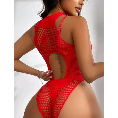 Cut Out Detailed Fishnet and Mesh Teddy (Red) - Back