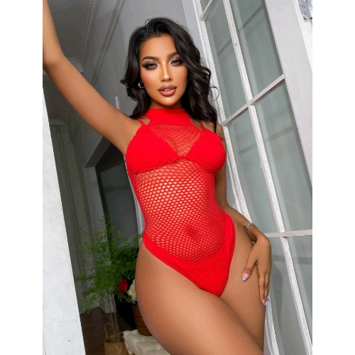 Cut Out Detailed Fishnet and Mesh Teddy (Red) - Front 1