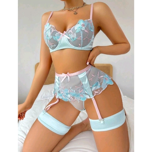 Floral Embroidered Mesh Underwire Sexy Set with Garter Belt and Leg Bands - Front Kneeling