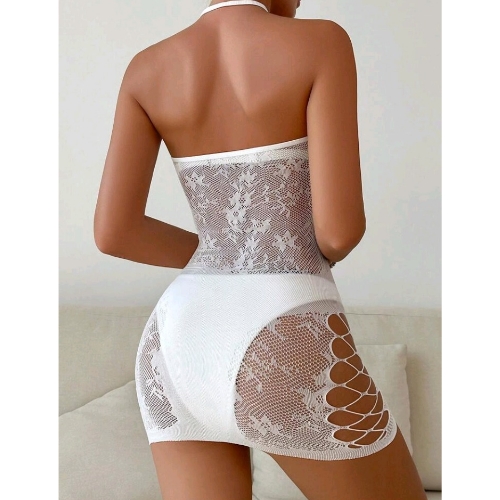 Lace Detailed Fishnet Halter Dress with Cut Out Sections (White) - Back Side