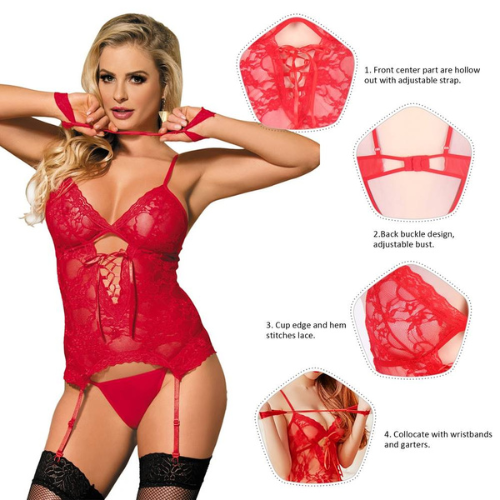 Lace Round Open Back Teddy (Red) - Details
