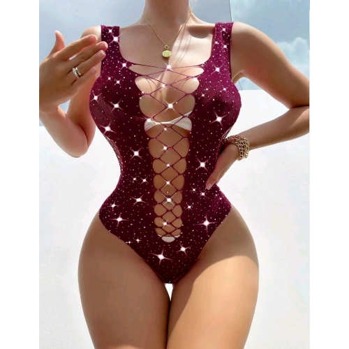 Rhinestone Studded Mesh Front with Crisscross Detail Teddy (Burgundy) - Front Close Up