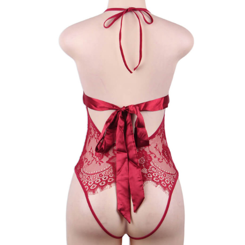 Stunning Deep V Backless Exquisite Lace Teddy (Red)