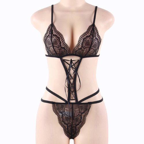 Stunning Scalloped Lace Ribbon Detail Teddy (Include Mask) (Black)