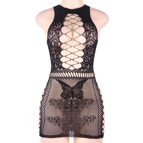Crotchet Mesh Hollow-Out Black Mini Chemise Dress With Gloves (Black) - No Model Front