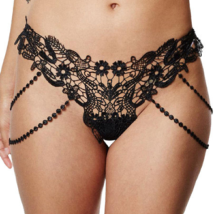 Gorgeously Sexy Beaded Chains Embroidered Lace Thong (Black)
