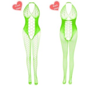 Halter Neck Cut Out Crisscross Inlay Body Stocking (Lime Green)
