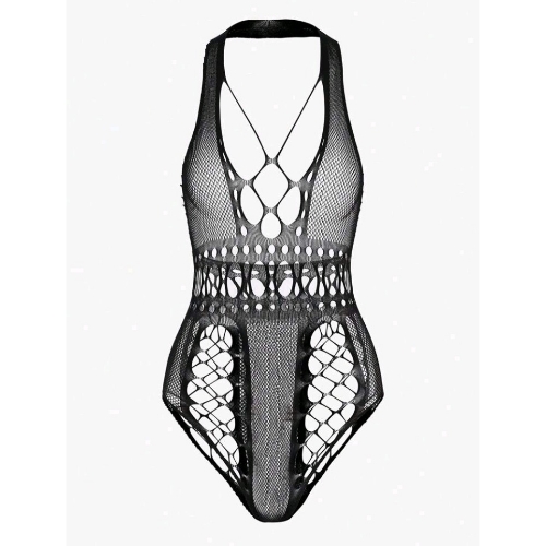 Hollow Out Mesh with Crisscross Detailed Halter Teddy - No Model Front