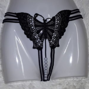 Kinky Lace Butterfly Pearl Crotchless Thong (Black)