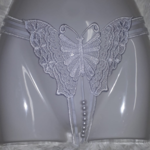 Kinky Lace Butterfly Pearl Crotchless Thong (White)