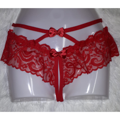 Kinky Lace Strappy Ribbon Crotchless Thong (Red)