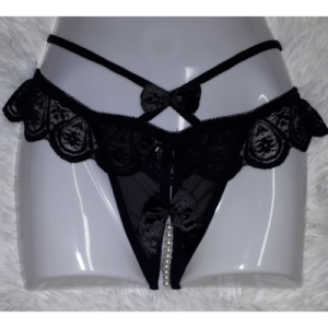 Kinky Lace and Mesh Strappy Frills Ribbon Pearl Crotchless Thong (Black)