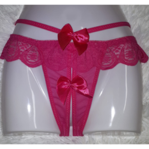 Kinky Lace and Mesh Strappy Ribbon Crotchless Thong (Cerise Pink)