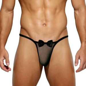 Mesh T-Back Gents Thong with Bowknot (Black)