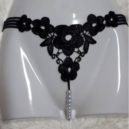 Pretty Sexy Thick Strappy Hot Flower Design Crotchless Pearl Thong (Black)