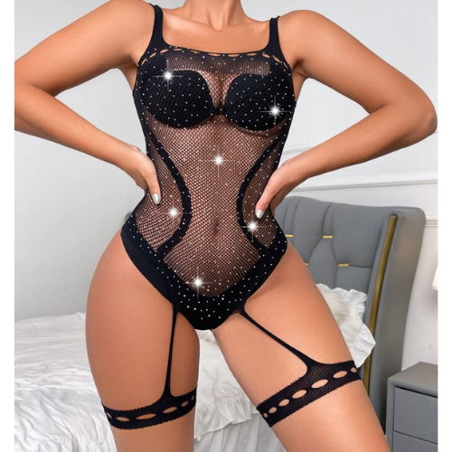 Rhinestone Accent Body Stocking Teddy with Attached Garters (Black)