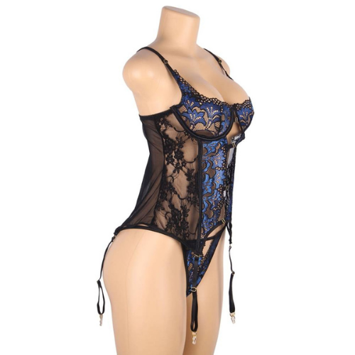 Sexy Lace Stitching Gartered Set with Underwire (Royal Blue and Black)