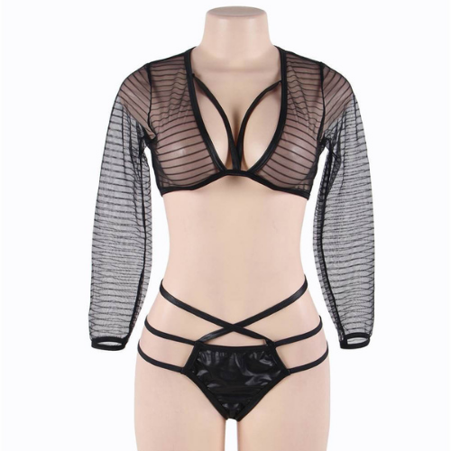 Sexy Long Sleeve See Through Top with Strappy Detail Bottoms