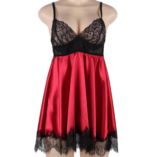 Unique Red Satin Eyelash Lace Sexy Babydoll with Eye Patch