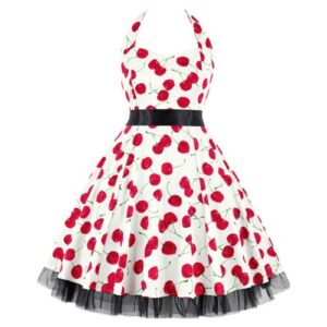 Vintage Cherry Printed Sweetheart Neckline Halter Backless Swing Dress