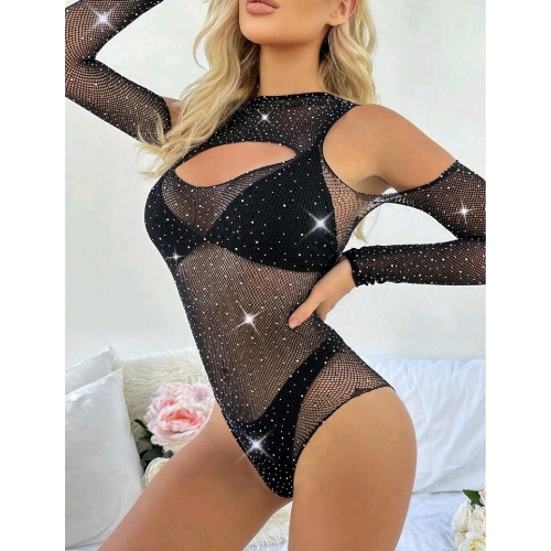 High Rounded Neckline and Cold Shoulder Long Sleeve Rhinestone Detailed Fishnet Teddy - Front Side
