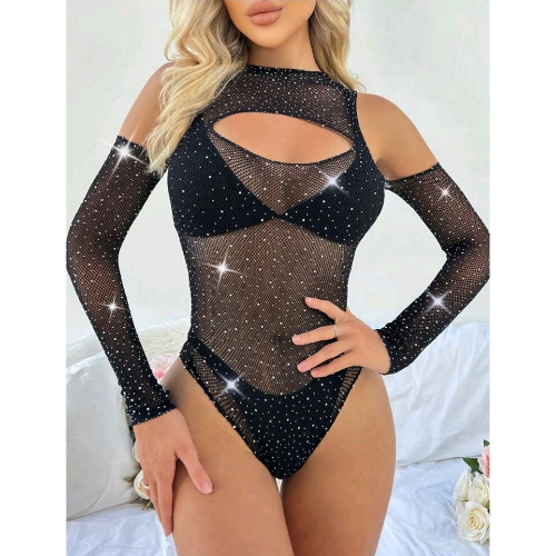 High Rounded Neckline and Cold Shoulder Long Sleeve Rhinestone Detailed Fishnet Teddy - Front