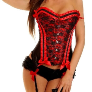 Red Burlesque Corset with Black Lace Overlay and Garters