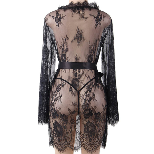 Stunning Pure Lace Gorgeous Gown with Thong and Silk Belt (Black)